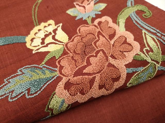 平和屋着物●中国三大刺繍　相良刺繍　総刺繍　九寸開き名古屋帯　紬地　枝花文　正絹　逸品　CAAX1509hy 平和屋着物○中国三大刺繍 相良刺繍 総刺繍 九寸開き名古屋