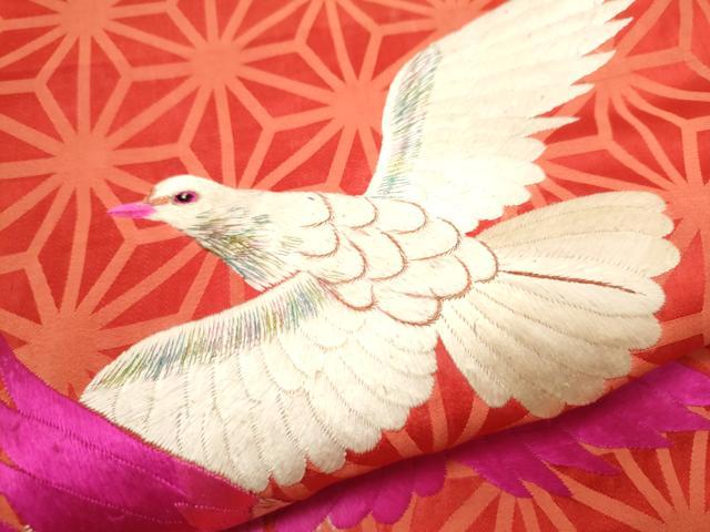 平和屋着物○アンティーク 大正ロマン 九寸名古屋帯 手刺繍 鳩 金糸 正絹