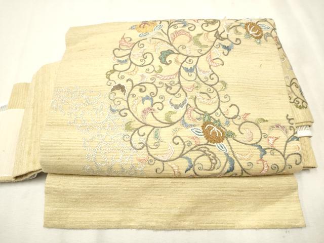 平和屋着物●中国三大刺繍　相良刺繍　総刺繍　ワンタッチつけ帯　紬地　花唐草文　浅黄色　金糸　正絹　逸品　CAAX1548hy