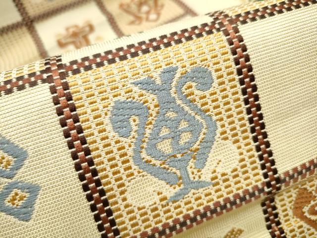 平和屋着物●本場筑前博多織　八寸名古屋帯　市松吉祥文　正絹　逸品　CAAX1557hy 平和屋着物○本場筑前博多織 八寸名古屋帯 市松吉祥文 正絹 逸品