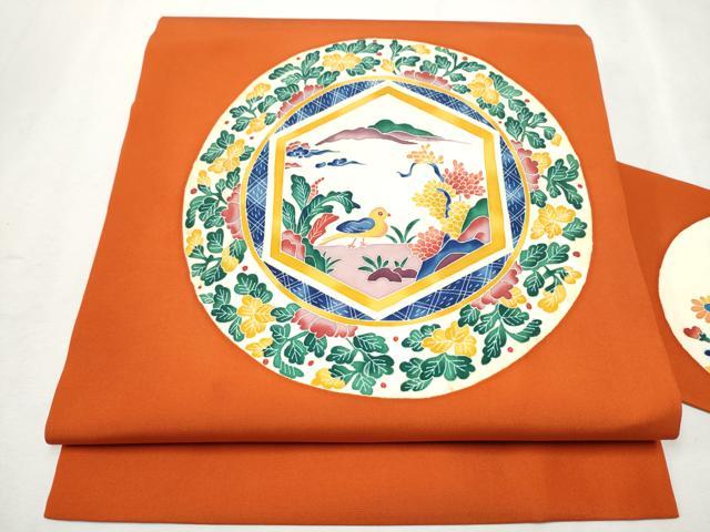 平和屋着物●本加賀友禅作家　押田正義　塩瀬　九寸名古屋帯　花蝶絵皿文　正絹　逸品　CAAX1575hy