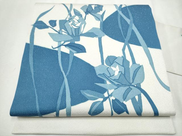 平和屋着物●九寸名古屋帯　本藍　枝花文　銀通し地　正絹　逸品　CAAX1579hy