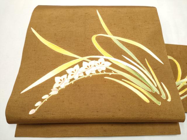 平和屋着物●九寸名古屋帯　紬地　草花文　金彩　正絹　逸品　CAAX1584hy