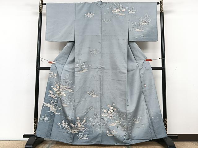 着物リメイク　訪問着　作家物　紬地　手描き　枝花文　落款あり　正絹から作務衣 着物リメイク 訪問着 作家物 紬地 手描き 枝花文 落款あり 正絹から