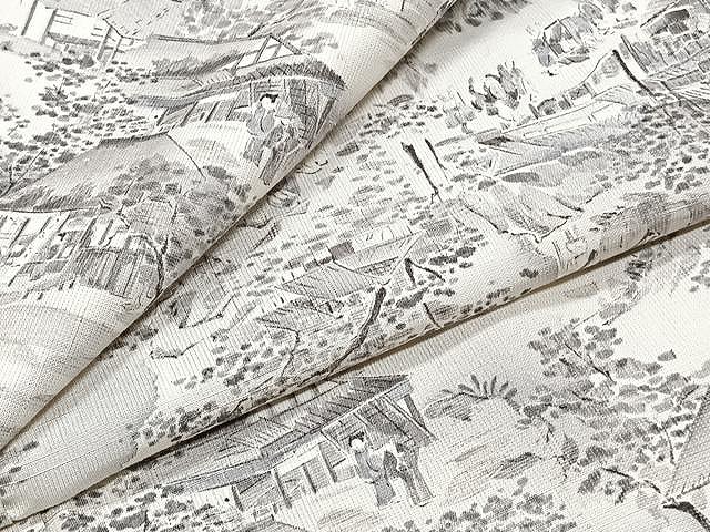 平和屋着物▽上質な小紋　単衣　紬地　人物風景文　正絹　逸品　CAAX2470xi