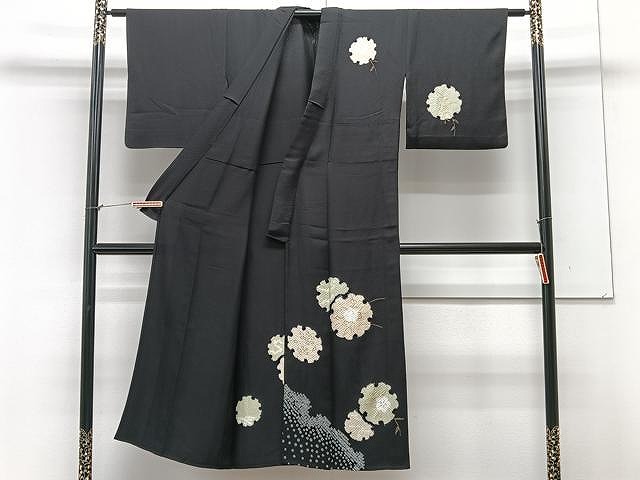 平和屋着物○訪問着 絞り 刺繍 扇面花文 黒地 金彩 正絹 逸品 AABD0902ck