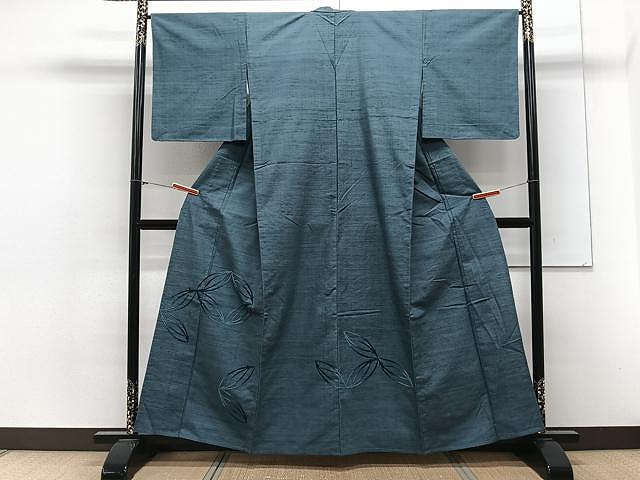 平和屋着物▽中国三大刺繍　相良刺繍　総刺繍　色留訪問着　単衣　紬地　七宝松葉文　藍色　正絹　逸品　未使用　CAAX2517xi