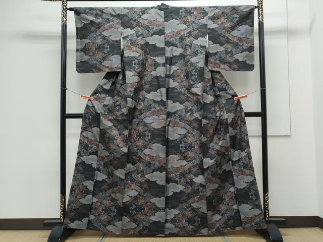 平和屋着物○本場大島紬 9マルキ 雲重ね花文 正絹 逸品 未使用