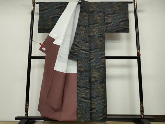 平和屋着物○小千谷紬 100亀甲 風景渡橋花文 やまと誂製 正絹