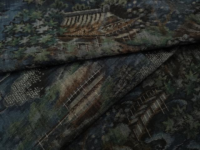 平和屋着物●小千谷紬　100亀甲　風景渡橋花文　やまと誂製　正絹　逸品　CAAX4489ut