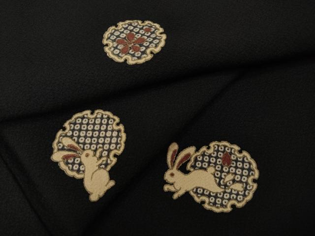 平和屋着物●上質な小紋　雪輪兎花文　黒地　金彩　正絹　逸品　CAAX4511ut