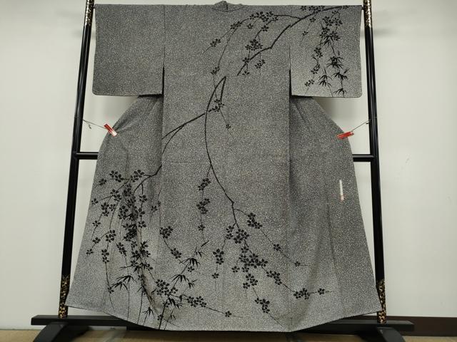 平和屋着物●二代目 川村久太郎　訪問着　笹　枝花文　たたき染め　黒地　正絹　逸品　未使用　CAAX4528ut