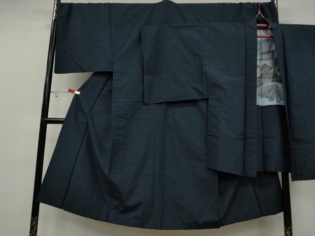 平和屋着物●男性　髭紬　アンサンブル　藍鉄色　キングサイズ　正絹　逸品　CAAX4567ut