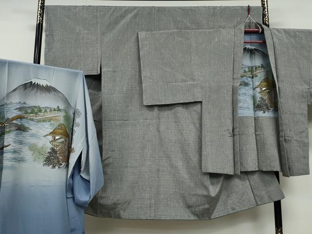 平和屋着物●男性　紬　アンサンブル・長襦袢セット　袷　霞文　正絹　逸品　CAAX4573ut