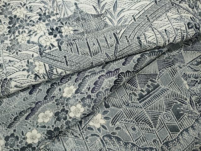 平和屋着物●上質な小紋　型染め　風景草花文　鬼しぼ縮緬　正絹　逸品　CAAX4584ut