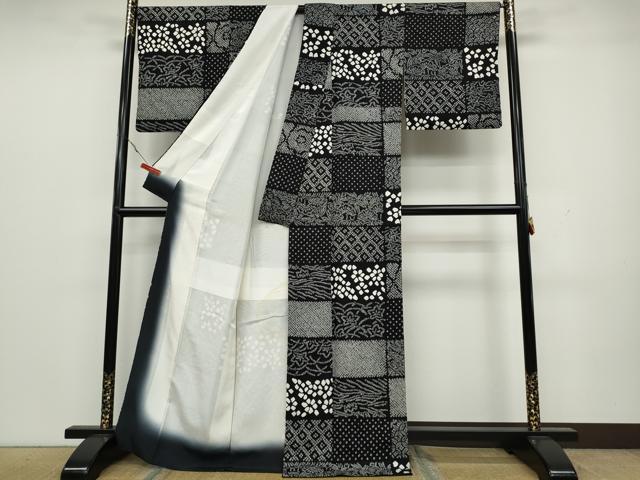 平和屋着物○上質な小紋 総絞り 横段草花文 黒地 正絹 逸品