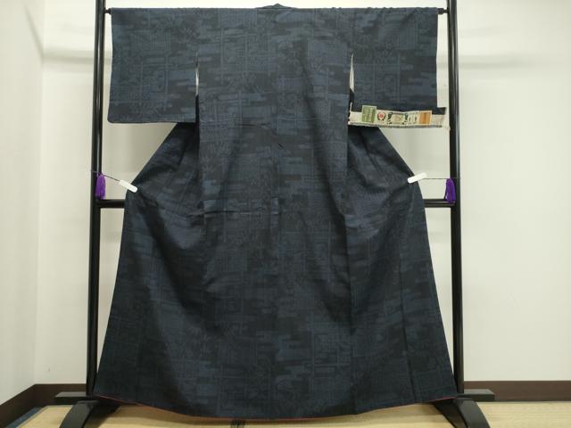 平和屋着物○結城紬 100亀甲 エ霞風景文 証紙付き 正絹 逸品 未