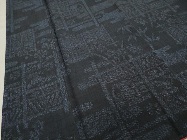 平和屋着物○結城紬 100亀甲 エ霞風景文 証紙付き 正絹 逸品 未