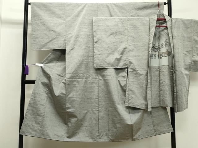 平和屋着物●男性　紬　アンサンブル　霞文　白鼠色　正絹　逸品　未使用　CAAX5714gh