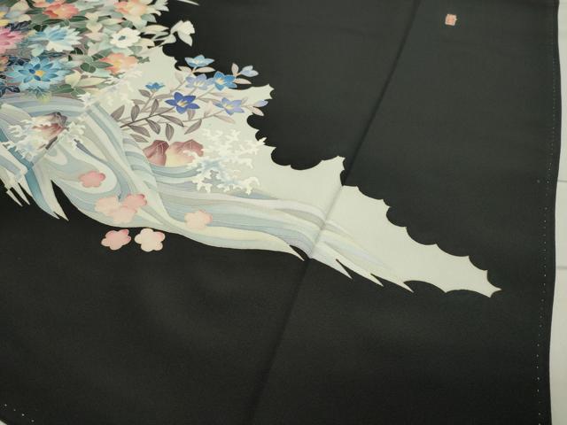 平和屋着物○本加賀友禅作家 寺西次作 黒留袖 流水飛鳥花