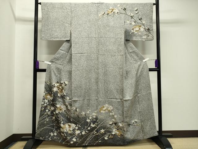 平和屋着物●訪問着　地紙草花文　たたき染め　黒地　金彩　正絹　逸品　CAAX5839gh