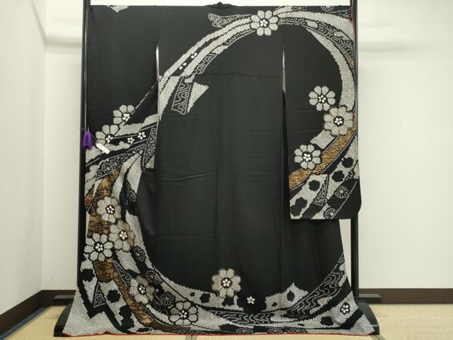 平和屋着物●豪華振袖　駒刺繍　絞り　熨斗花文　黒地　金彩　正絹　逸品　CAAX5997gh