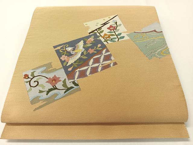 平和屋着物●爪掻き本綴れ　八寸名古屋帯　色紙花喰い鳥　金銀糸　正絹　逸品　CAAX7038vp