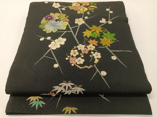 平和屋着物●総刺繍　九寸開き名古屋帯　槍梅花丸文　黒地　金糸　正絹　逸品　CAAX7044vp