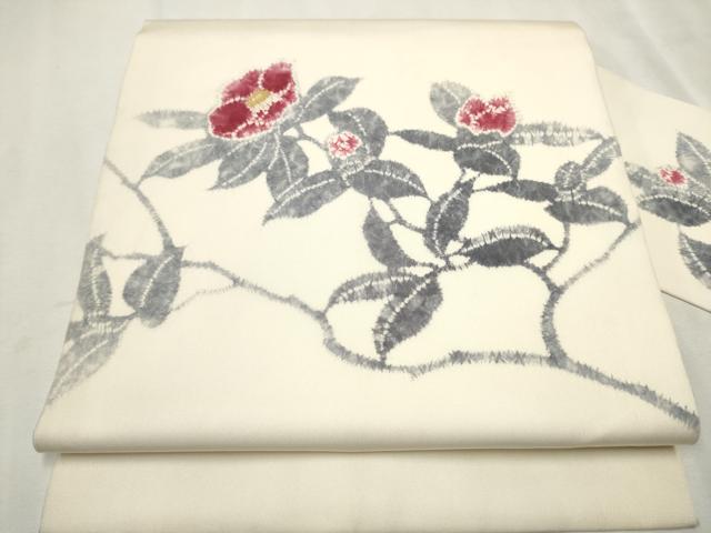 平和屋着物●京都府指定無形文化財 染色作家 小倉建亮の弟子 市瀬史郎　塩瀬　九寸名古屋帯　絞り　枝椿　金彩　正絹　逸品　CAAX7225hy