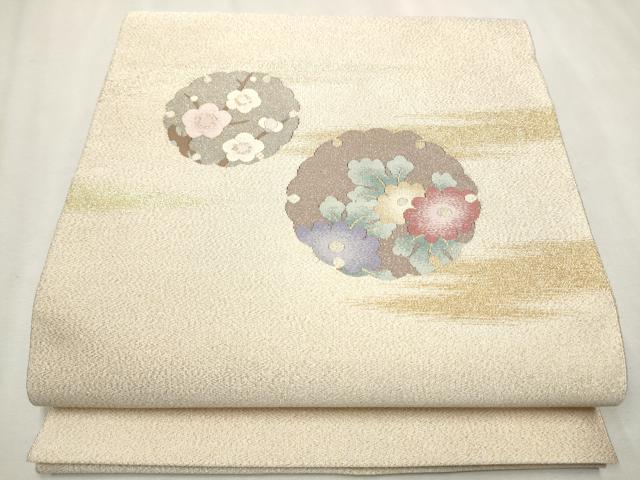 平和屋着物●爪掻き本綴れ　八寸名古屋帯　雪輪草花文　金糸　正絹　逸品　CABB0511hy