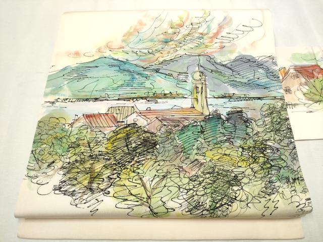 平和屋着物●塩瀬　九寸名古屋帯　手描き　風景草木文　正絹　逸品　CAAX7232hy