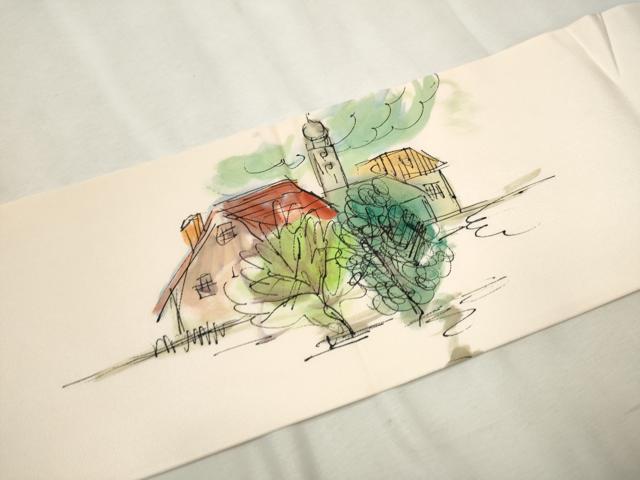 平和屋着物○塩瀬 九寸名古屋帯 手描き 風景草木文 正絹 逸品 CAAX7232hy