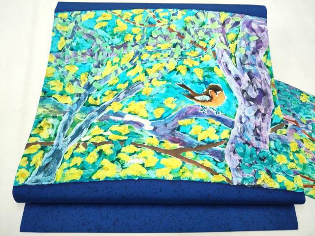 平和屋着物●塩瀬　九寸名古屋帯　手描き　休み鳥枝花文　正絹　逸品　CAAX7246hy