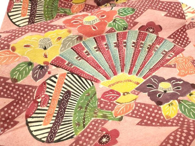 平和屋着物○九寸名古屋帯 紬地 型絵染 扇花文