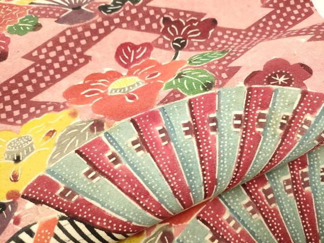 平和屋着物○九寸名古屋帯 紬地 型絵染 扇花文