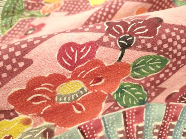 平和屋着物○九寸名古屋帯 紬地 型絵染 扇花文