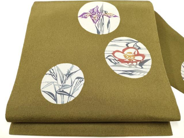 平和屋着物●九寸名古屋帯　型染め　草花丸文　鬼しぼ縮緬　正絹　逸品　CAAX7287hy 平和屋着物○九寸名古屋帯 型染め 草花丸文 鬼しぼ縮緬 正絹