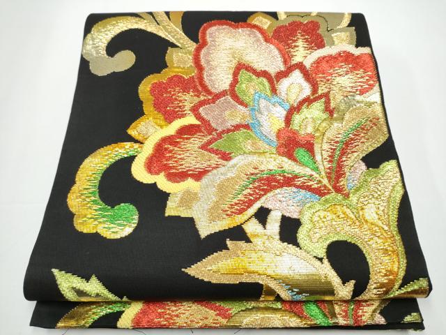 平和屋-こころ店◎六通柄 本袋帯 更紗花唐草文 黒地 金糸