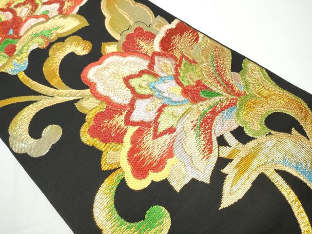 平和屋着物○六通柄 本袋帯 天平唐花錦 黒地 金糸 正絹 逸品