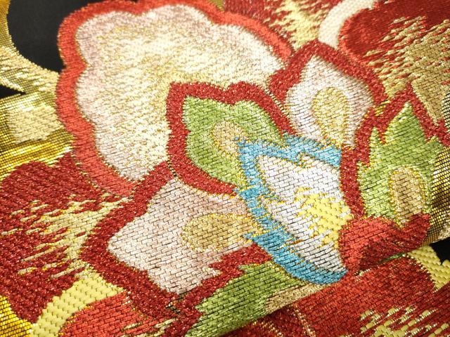 平和屋着物○六通柄 本袋帯 天平唐花錦 黒地 金糸 正絹 逸品