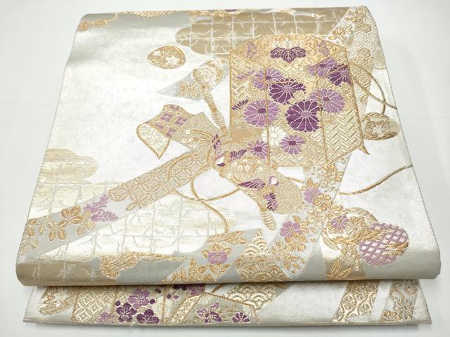 平和屋着物●京の名門　じゅらく謹製　帝王紫　六通柄袋帯　貝桶花蝶文　金糸　引箔　正絹　逸品　CAAX7391hy