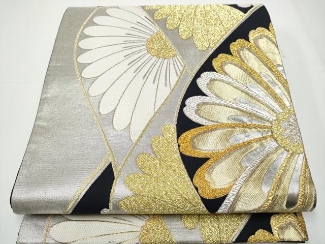 平和屋着物●六通柄袋帯　菊　黒地　金銀糸　正絹　逸品　CAAX7410hy