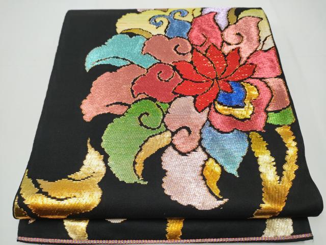 平和屋着物●西陣　環美術織物　六通柄　本袋帯　更紗花唐草文　黒地　金糸　正絹　逸品　CAAX7422hy