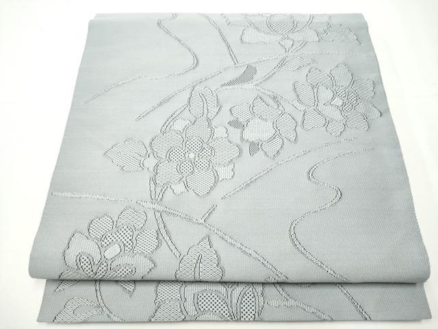 平和屋着物●八寸名古屋帯　綴れ　更紗花文　灰青色　正絹　逸品　CAAX7441hy