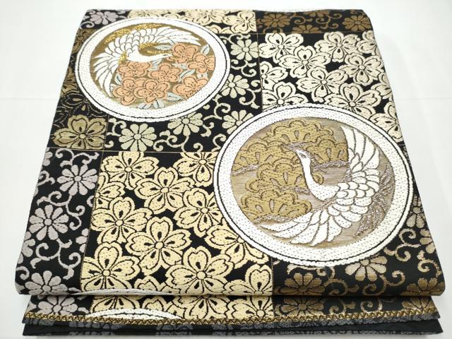 平和屋着物●両面　六通柄袋帯　唐織　鳳凰草花丸文　黒地　プラチナ本金　正絹　逸品　CAAX7464hy