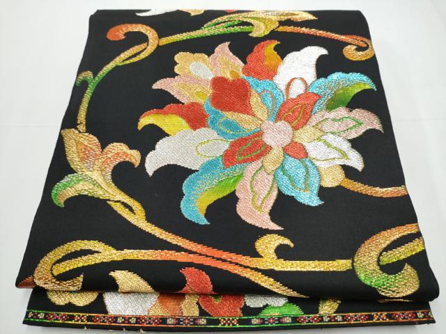 平和屋着物●六通柄　本袋帯　牡丹唐花　黒地　金銀糸　正絹　逸品　CAAX7492hy