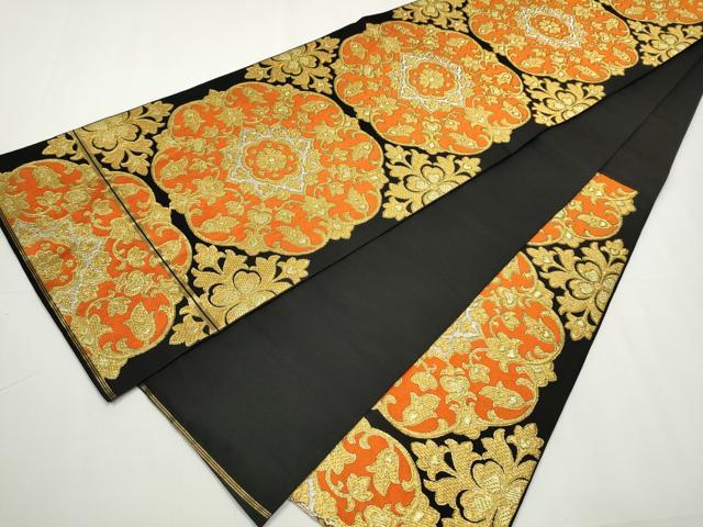 平和屋着物○西陣 川島織物 六通柄 本袋帯 花唐草文 黒地 金銀糸 正絹