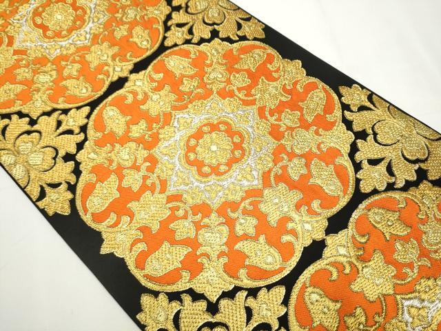 平和屋着物○西陣 川島織物 六通柄 本袋帯 花唐草文 黒地 金銀糸 正絹