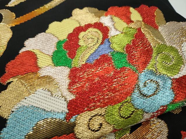 平和屋着物●六通柄　本袋帯　名物唐花文　黒地　金糸　正絹　逸品　CAAX7512hy 平和屋着物○六通柄 本袋帯 名物唐花文 黒地 金糸 正絹 逸品