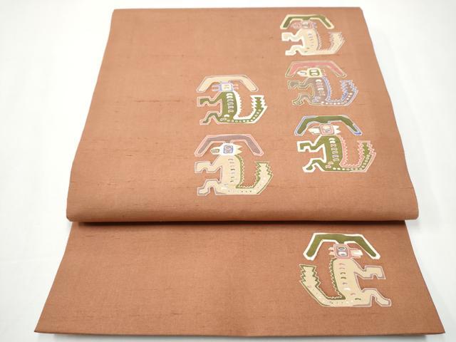 平和屋着物●太鼓柄袋帯　紬地　型染め　動物吉祥文　正絹　逸品　CAAX7560hy